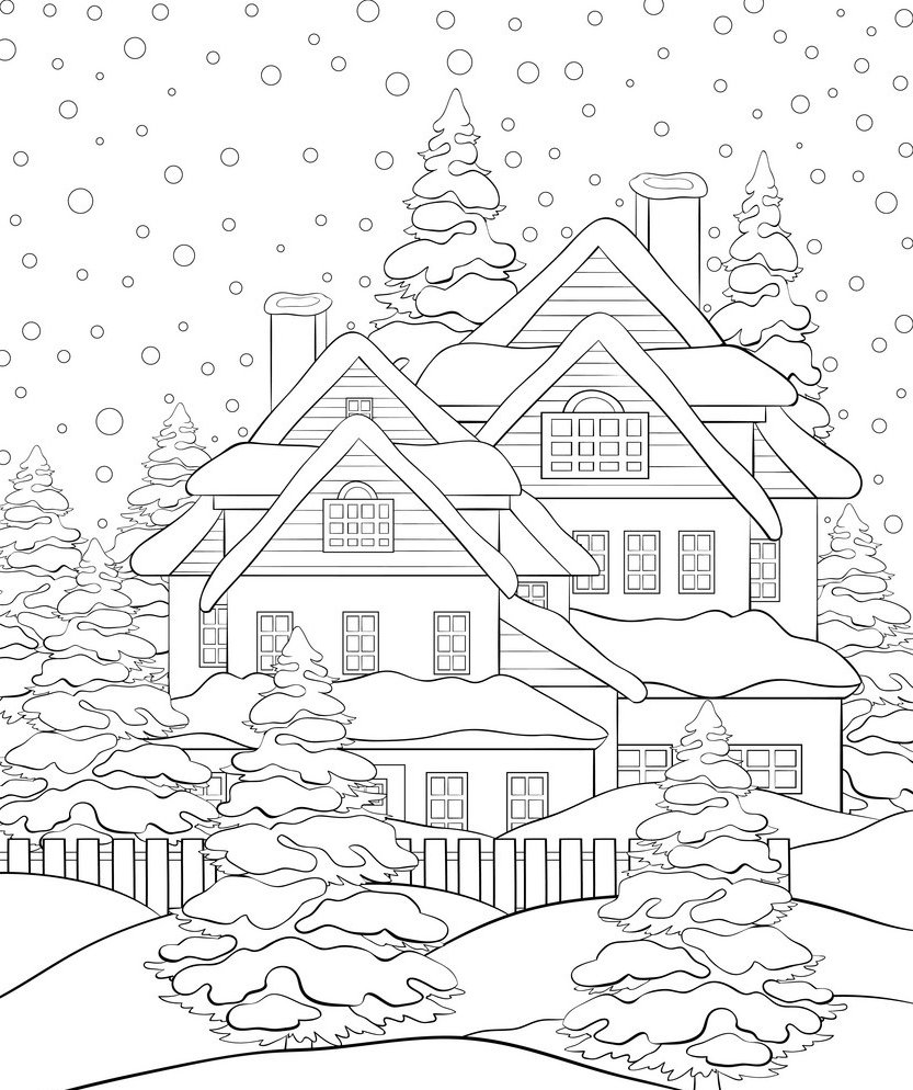 Раскраска Новогодняя деревня