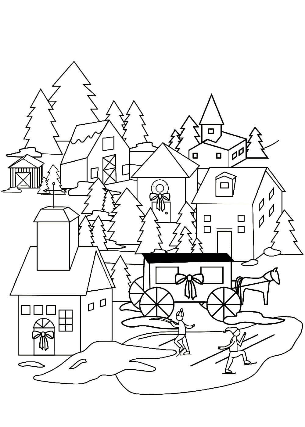 Деревня зимой раскраска