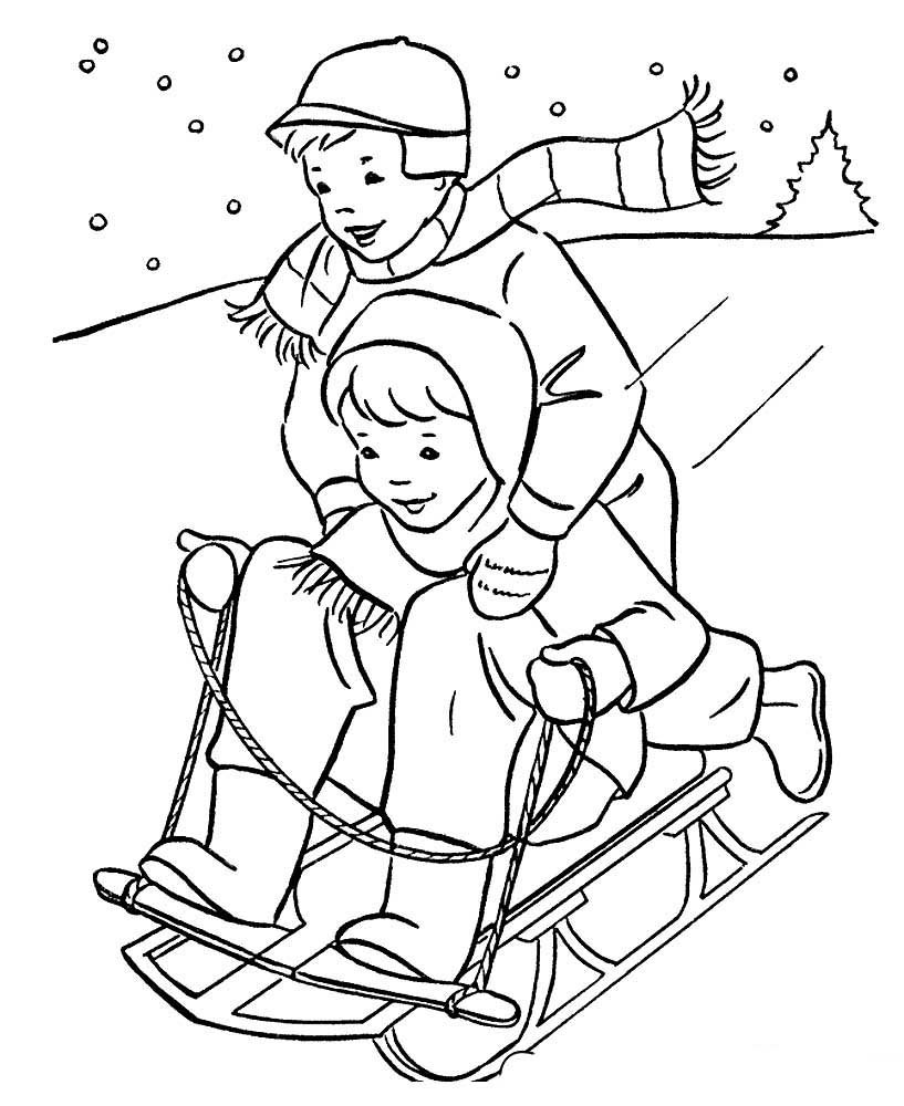 Раскраска дети катаются на санках
