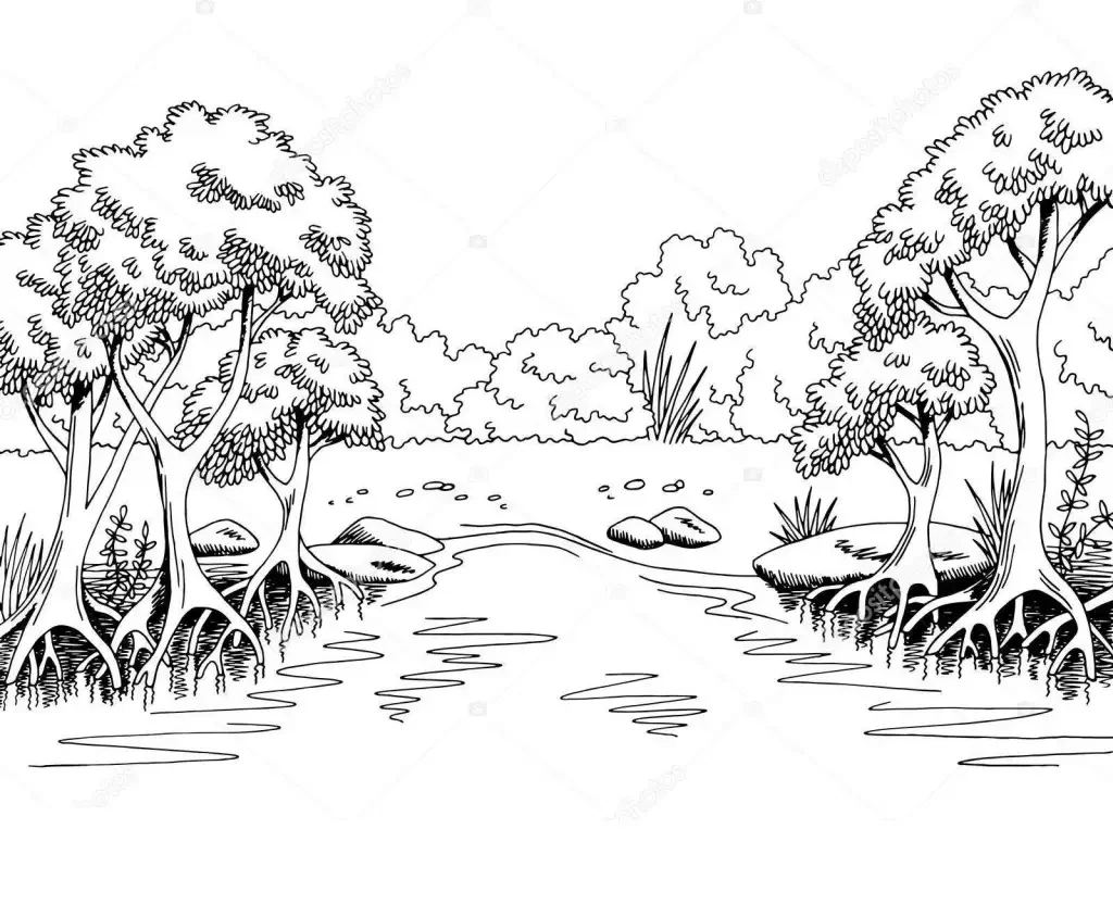 Черно белая Графика река