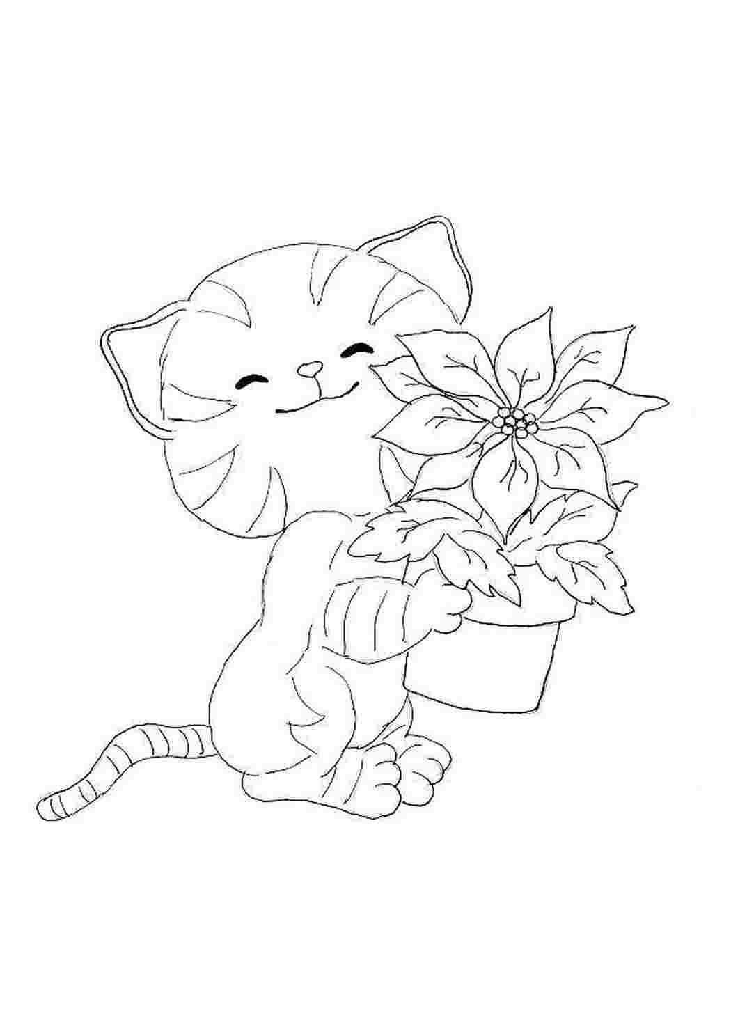 Раскраска котик с цветами