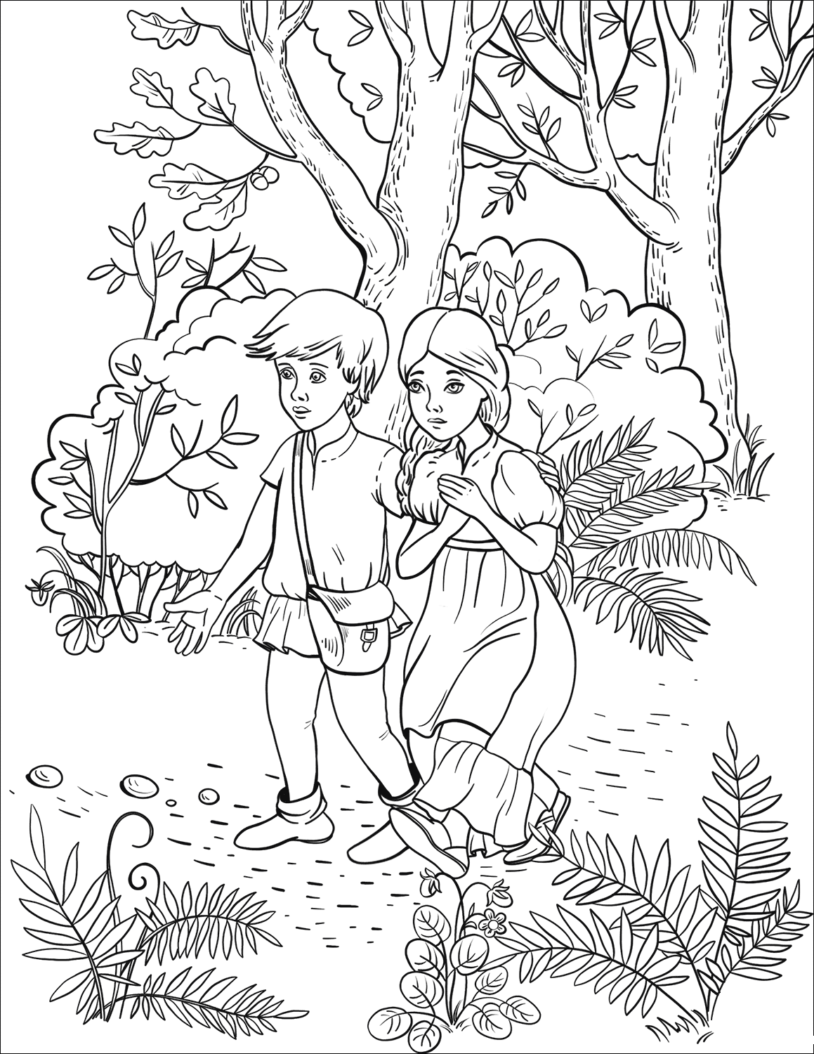 Раскраска ребята в лесу