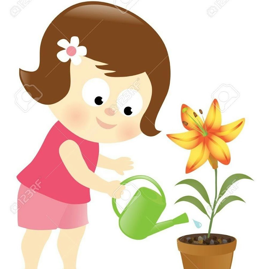 Девочка поливает цветы