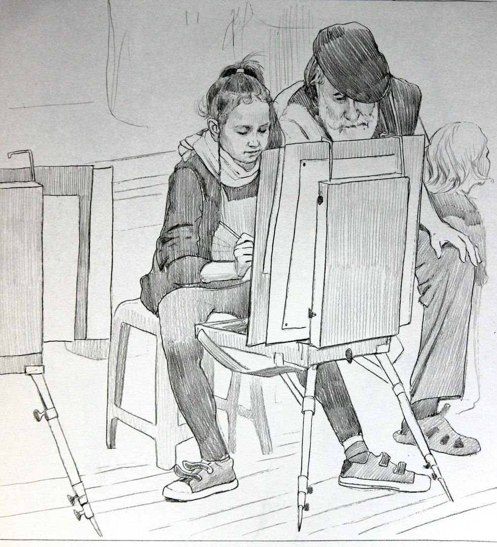 Эскиз художника в цвете за столом советские люди