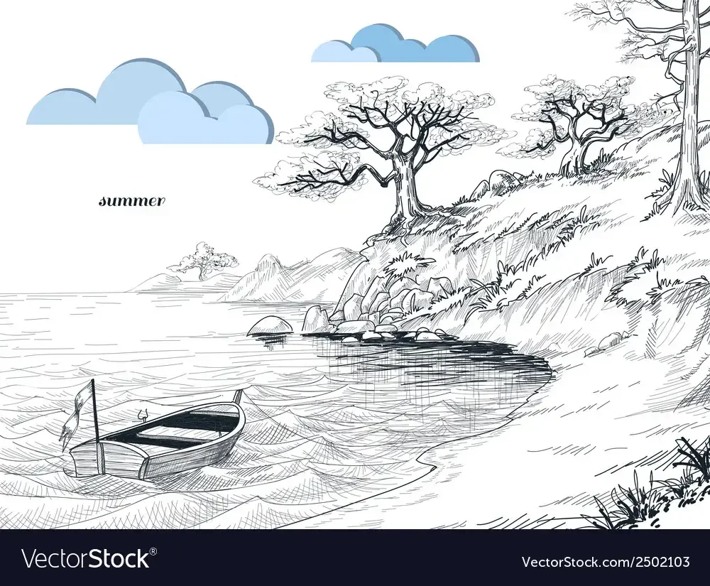 Пейзаж карандашом озеро