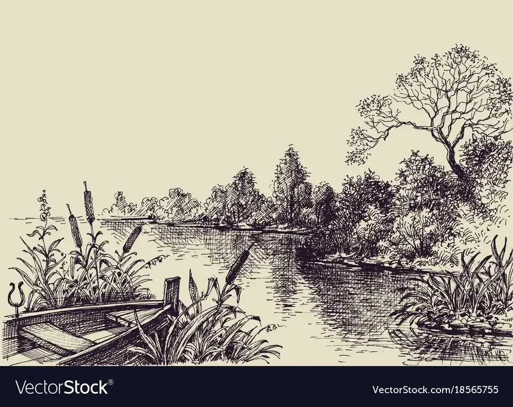 Пейзаж в графике озеро