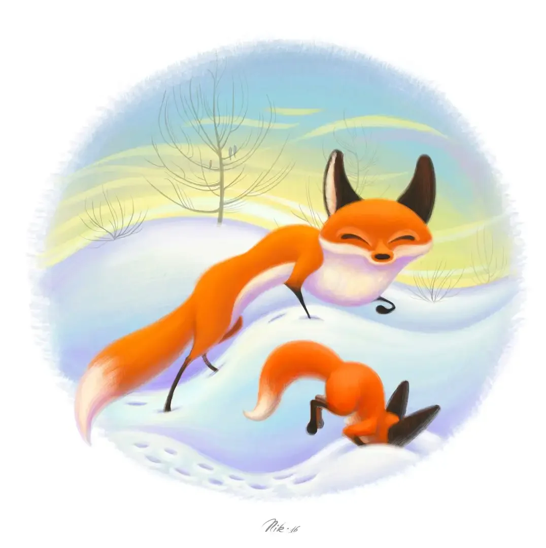 Лиса с лисятами зимой