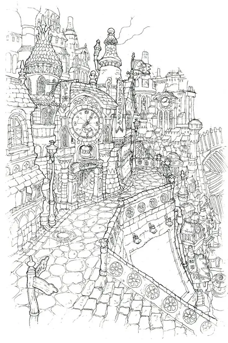 Город фэнтези для разукрашивания