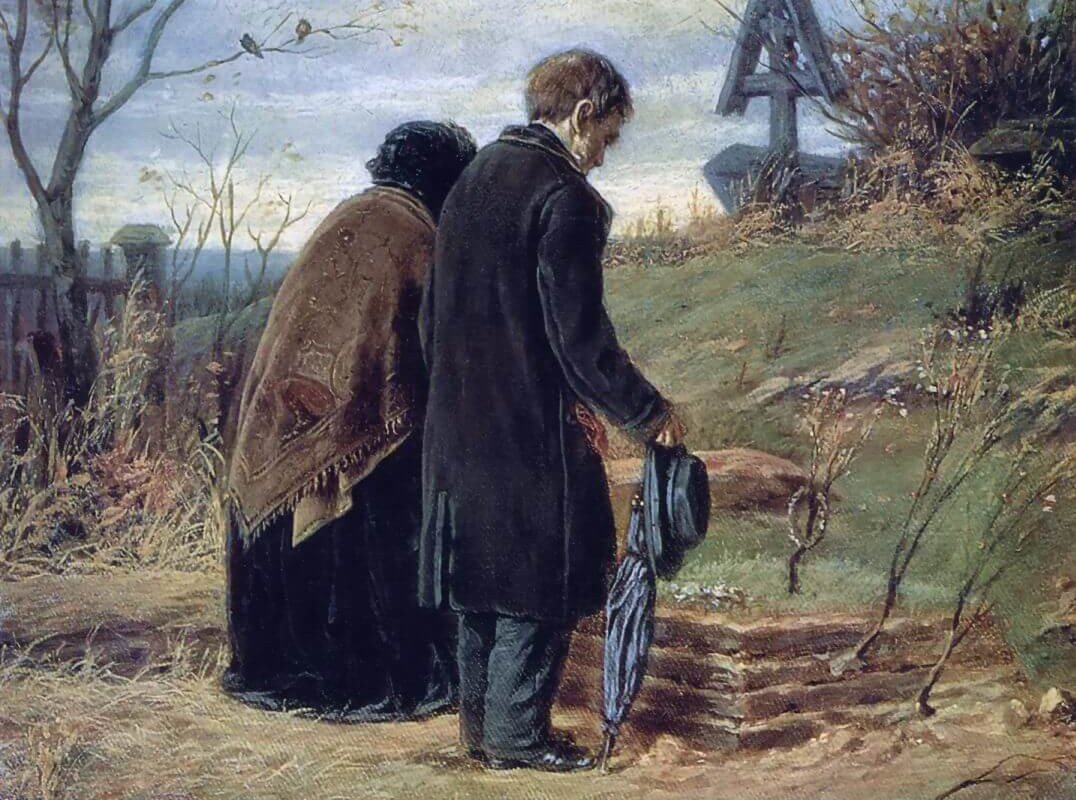 Старики родители на могиле сына Перов