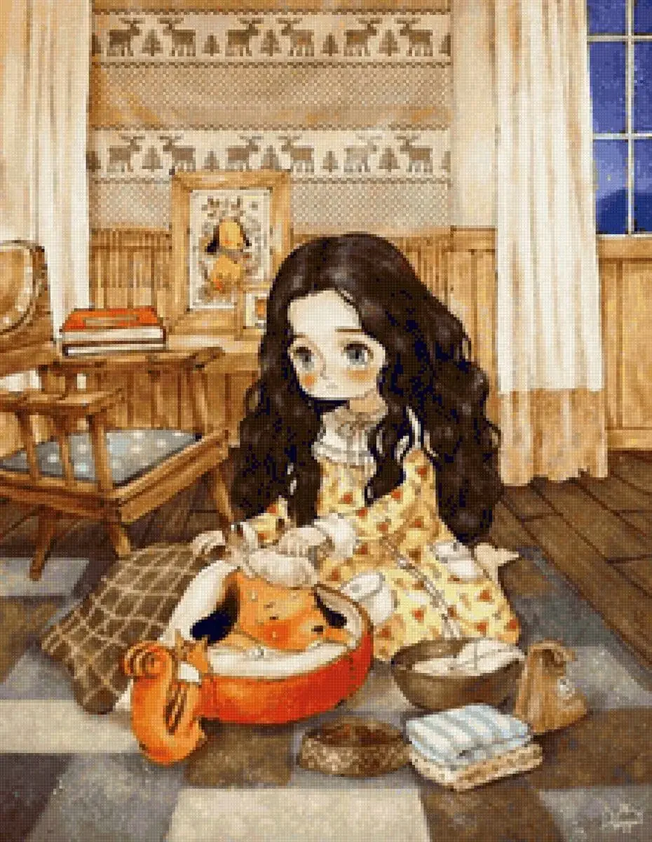 Девушка с букетом акварель