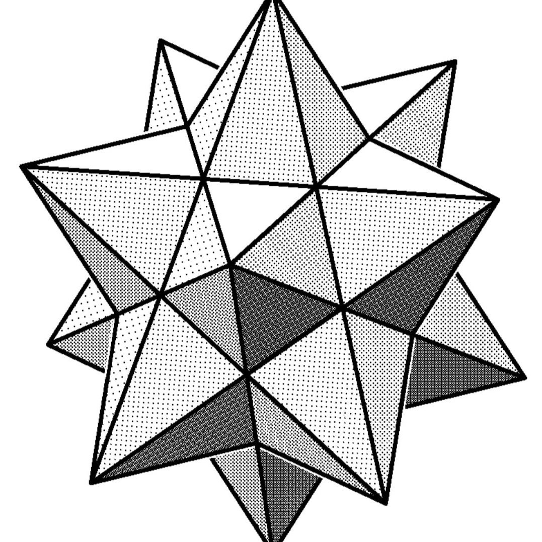 Случайная геометрическая фигура. Многогранники звездчатый октаэдр. Тригон триоктаэдр. Ромбоикосаэдр. Звездчатый икосаэдр.