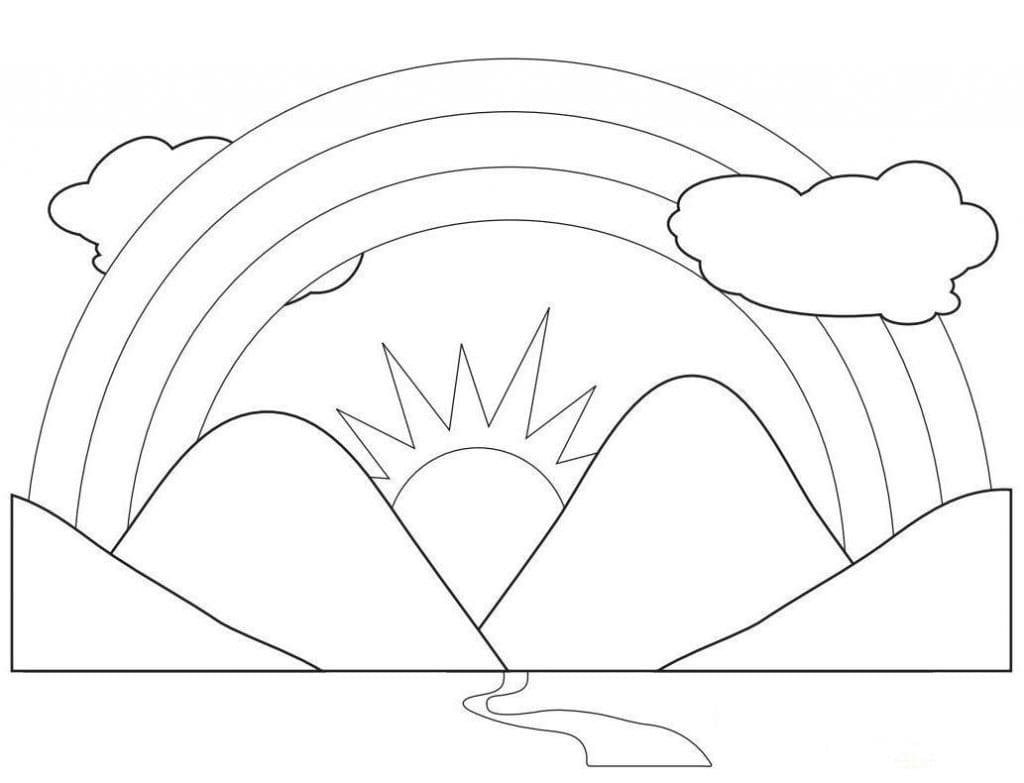 Раскраска пейзаж с радугой