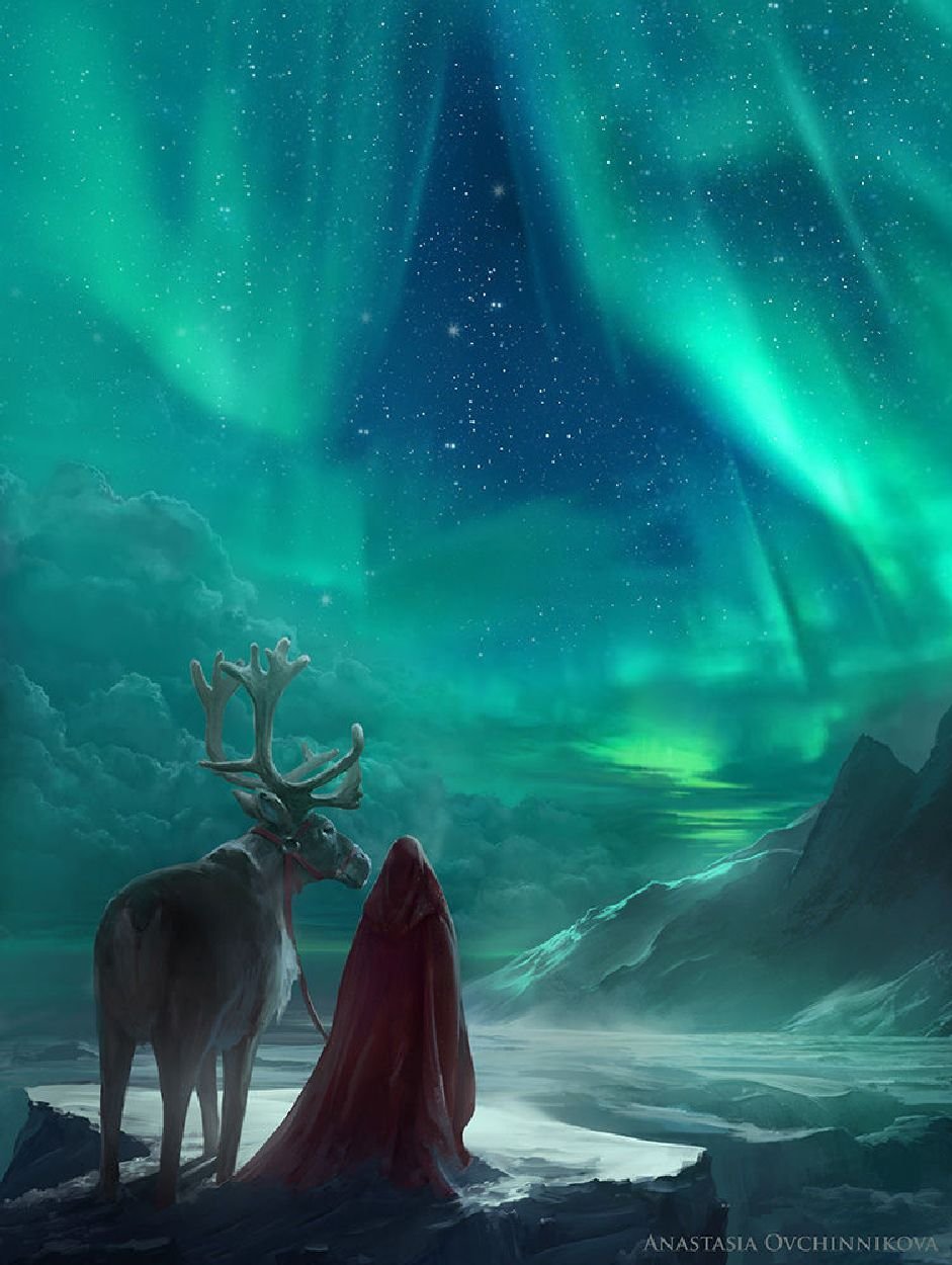 Северное сияние и олени