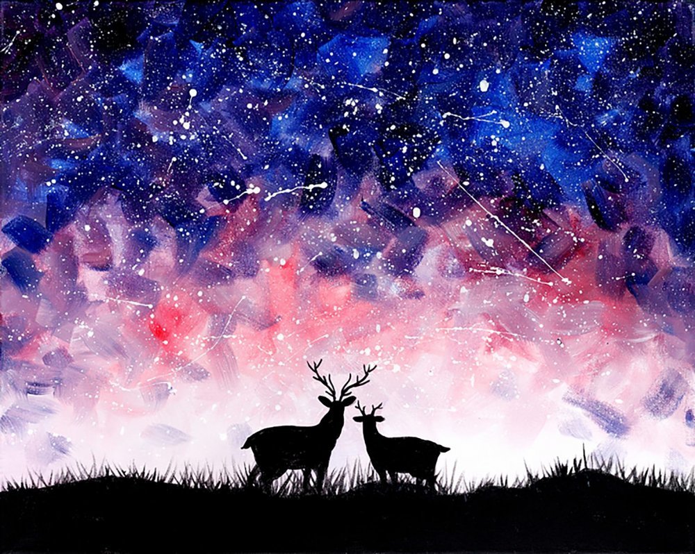 Северное сияние с оленями картина