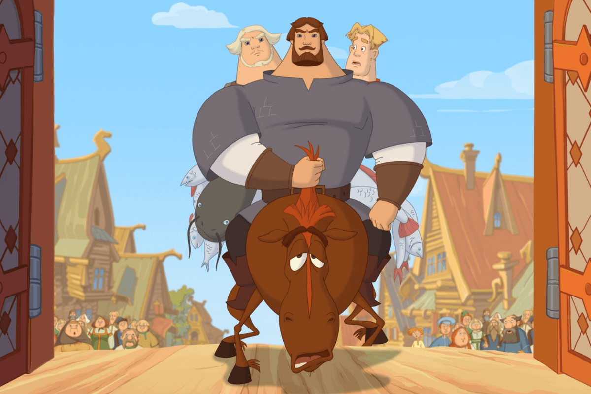 Три богатыря из мультика на белом фоне