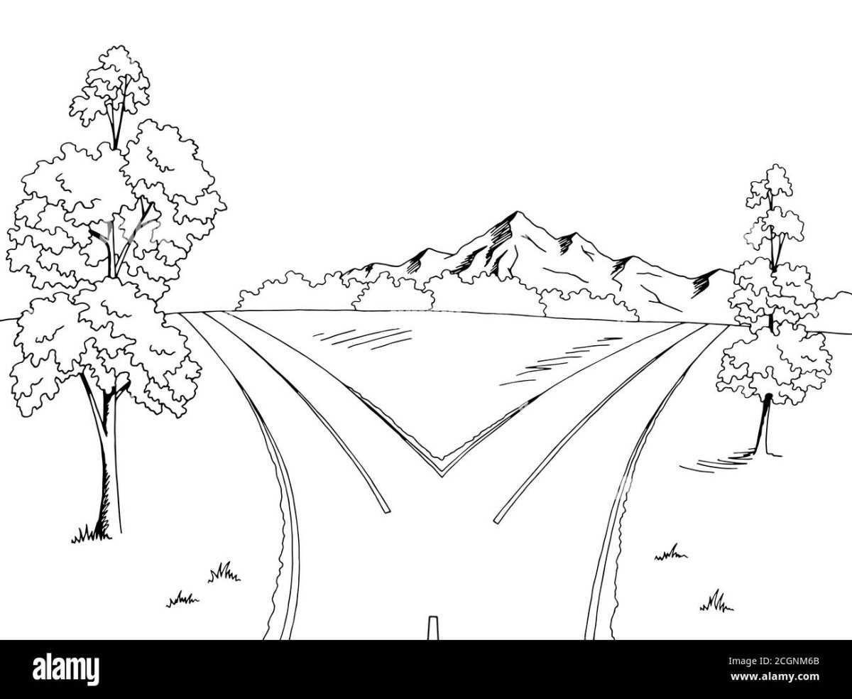 Пейзаж с дорогой контур