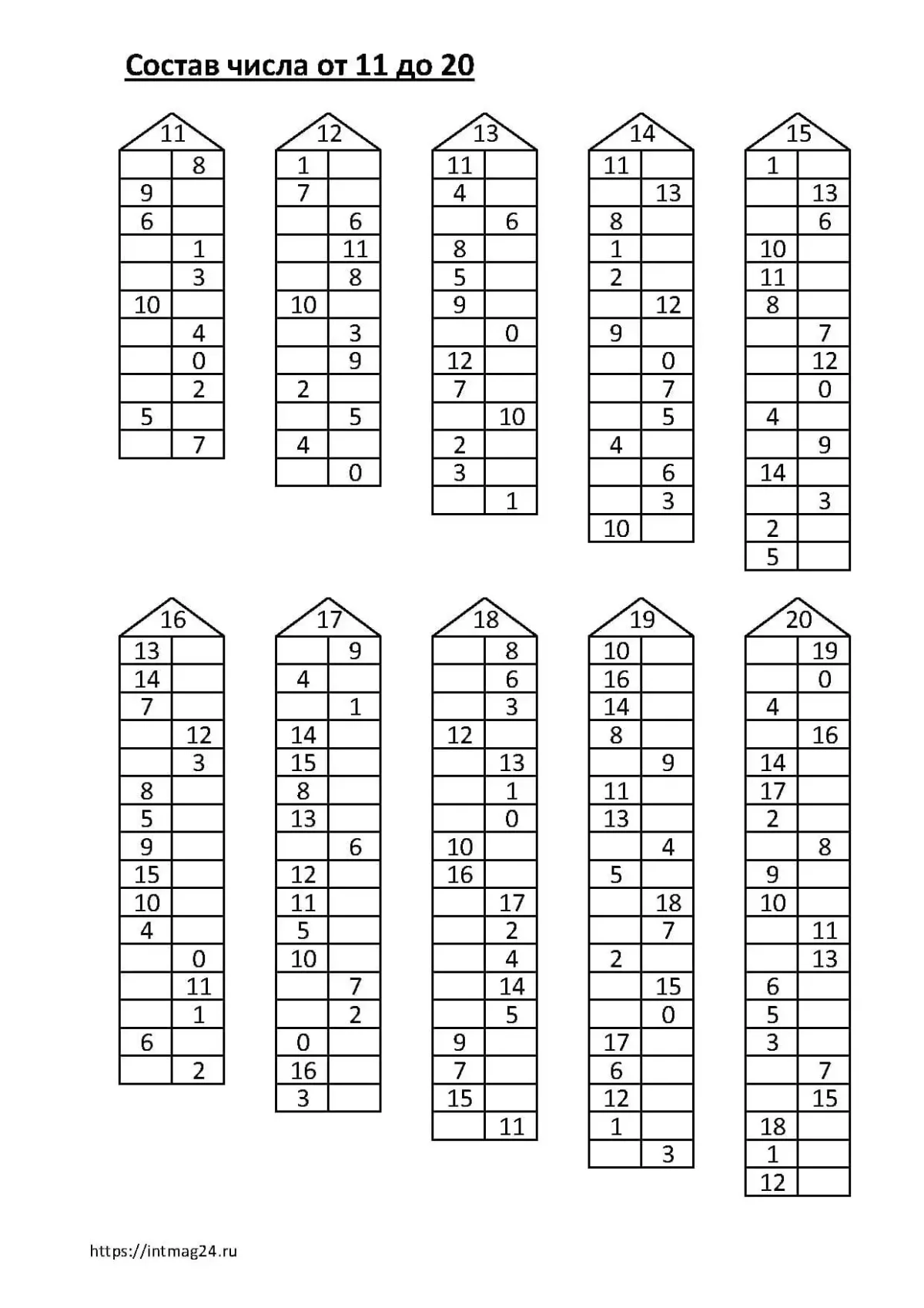 Числовые домики до 10 для дошкольников состав числа