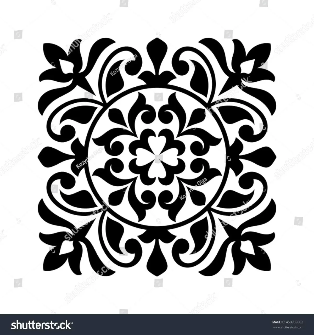 Растительный орнамент в квадрате черно белый