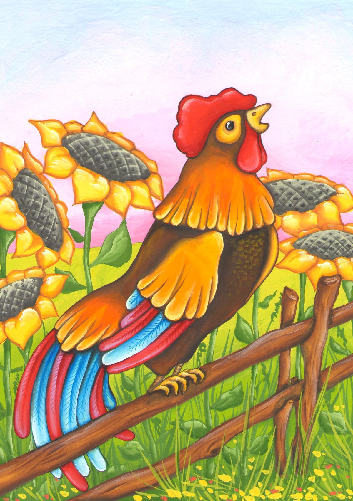 Петух забор и Подсолнухи