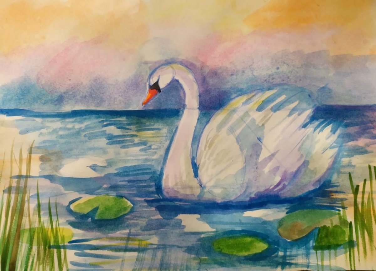 Лебедь рисунок красками