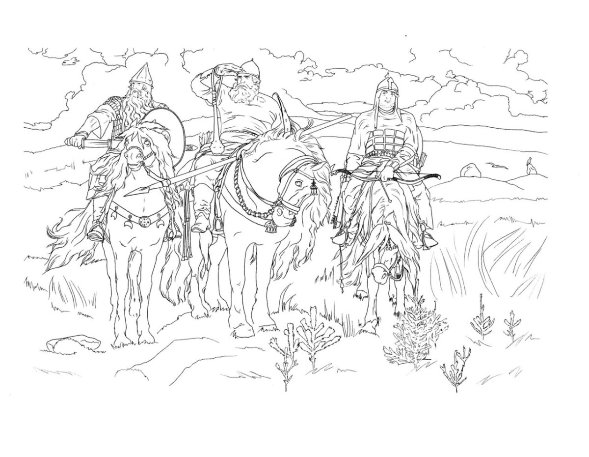 Раскраска три богатыря Илья Муромец