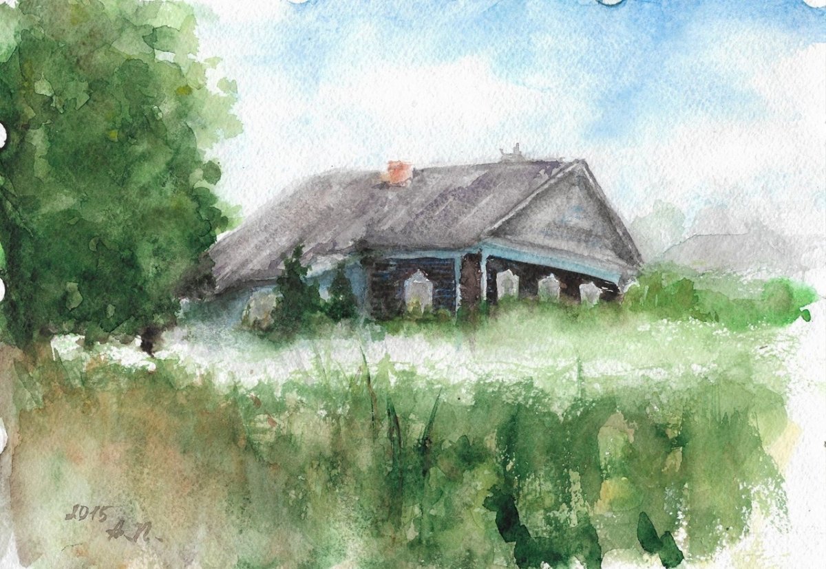 Деревенский домик акварелью
