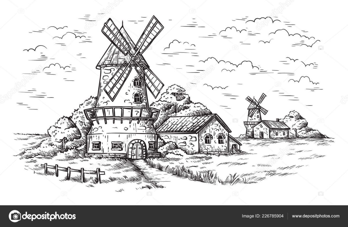 Мельница контурный рисунок