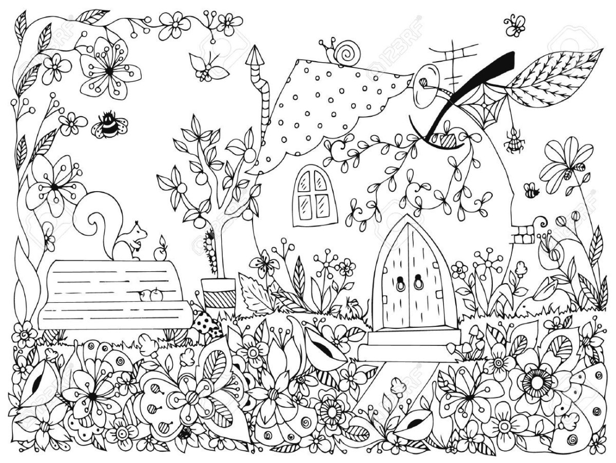 Раскраска домик с деревьями и цветами