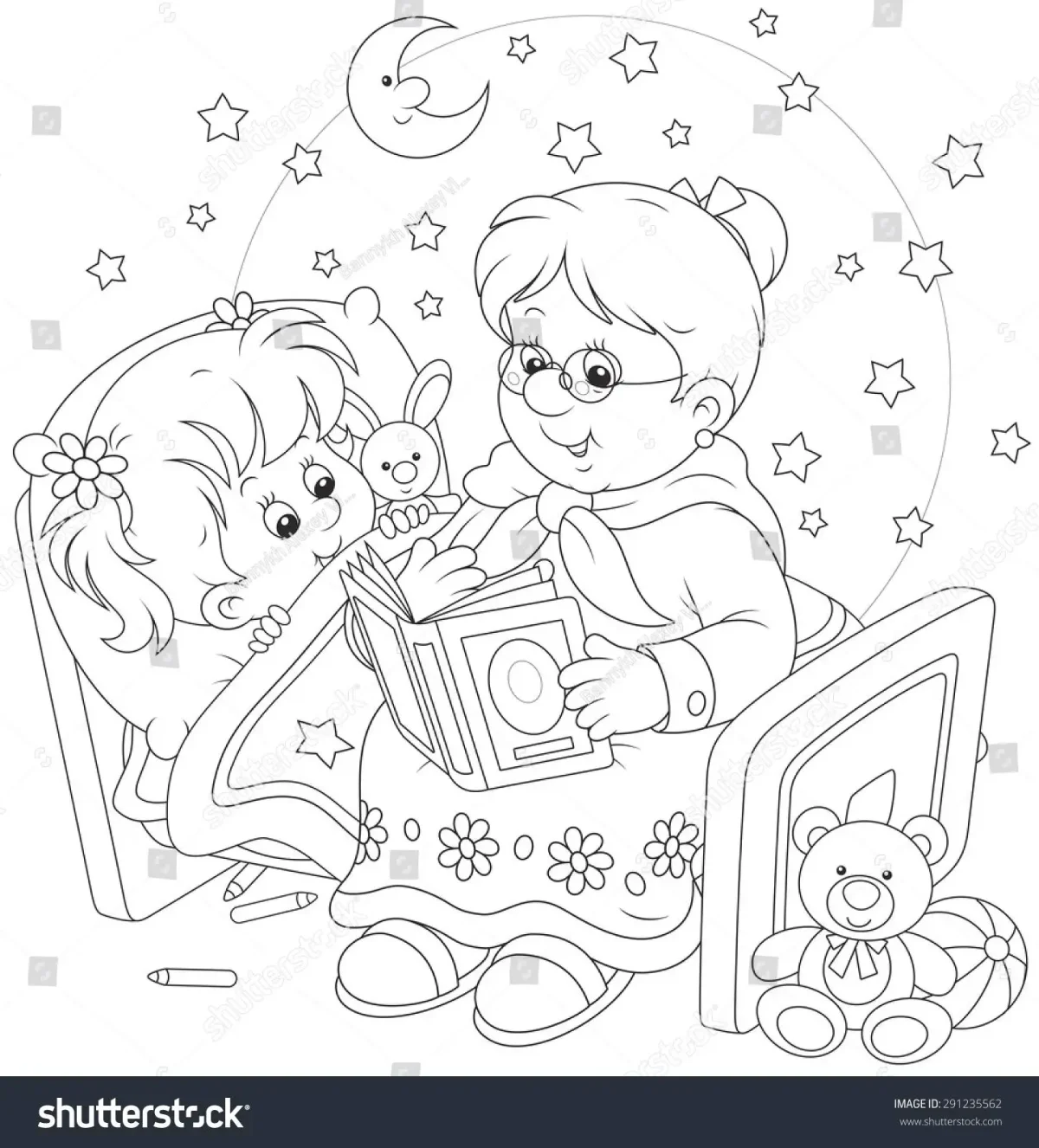 Раскраска бабушка с книжкой