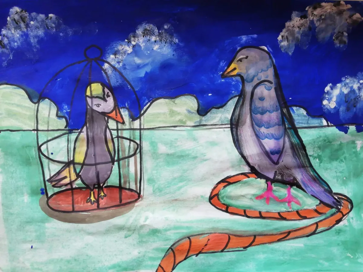 Иллюстрация к басне Крылова Чиж и голубь