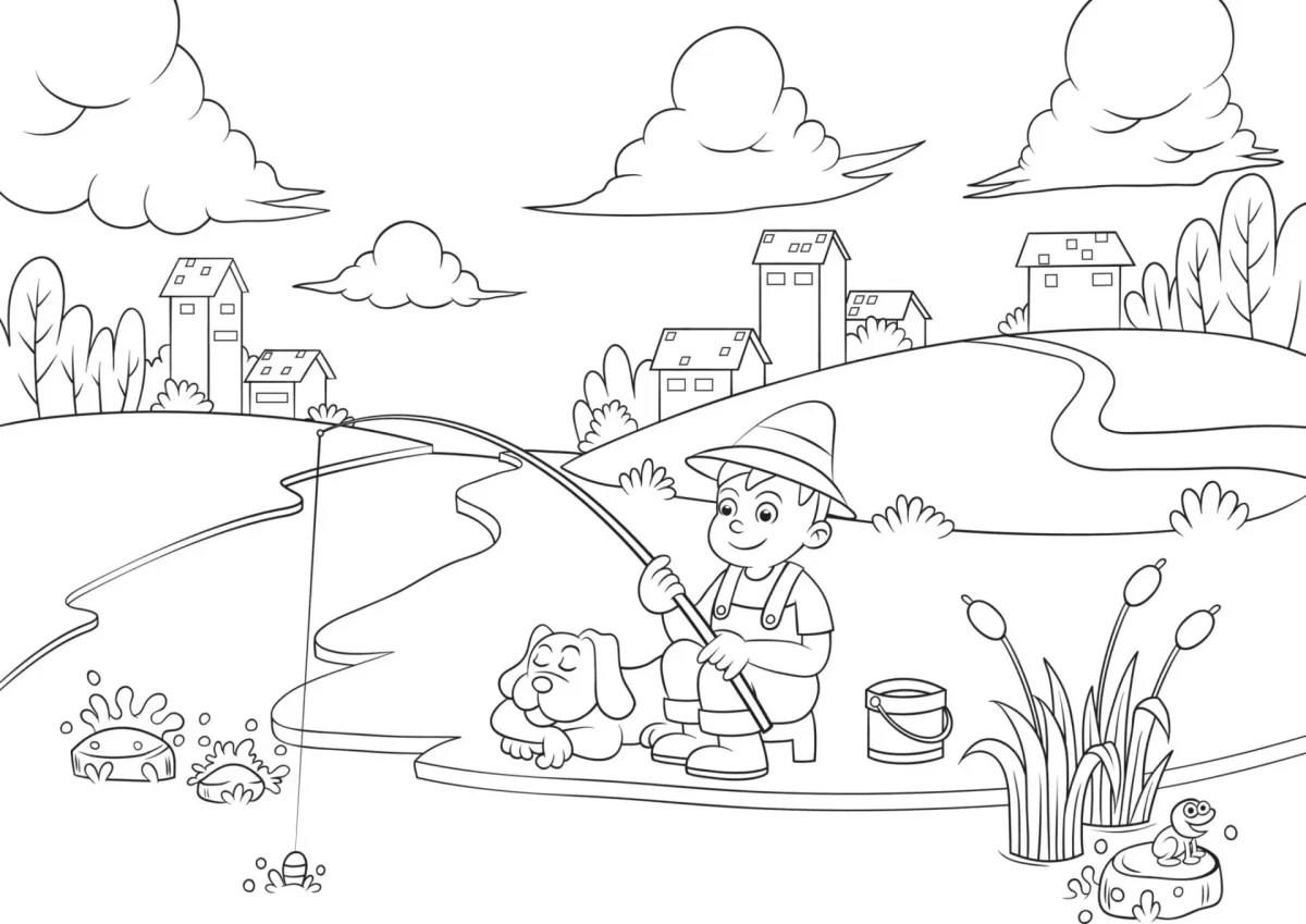 Рыбалка на природе раскраска