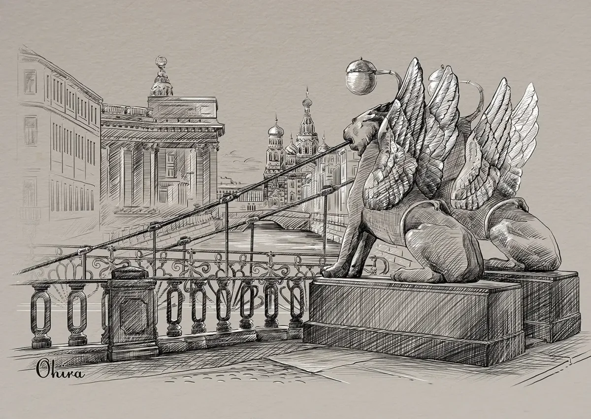 Банковский мост акварель Санкт-Петербург