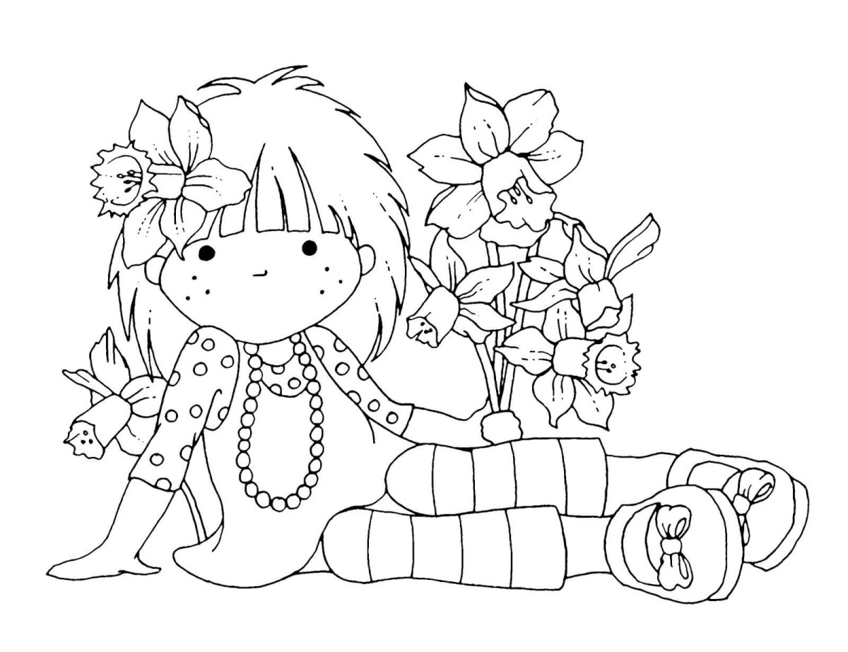 Девочка с цветами раскраска для детей