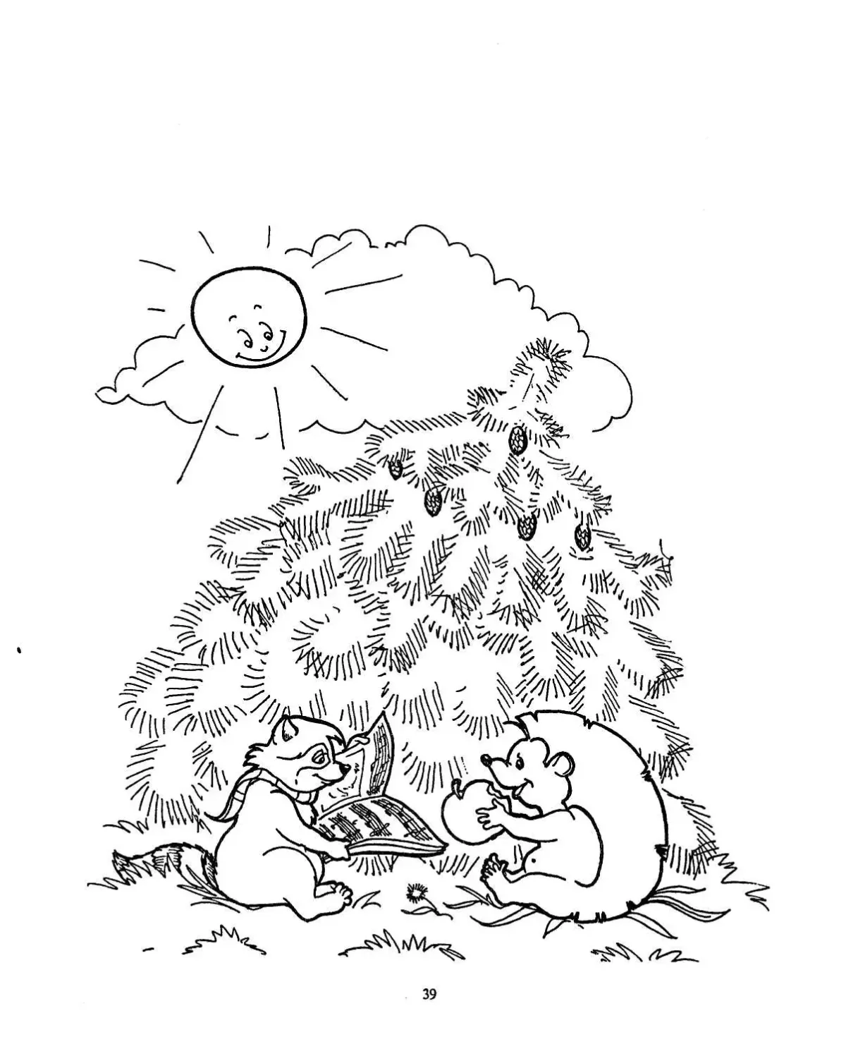 Еж под елкой раскраска