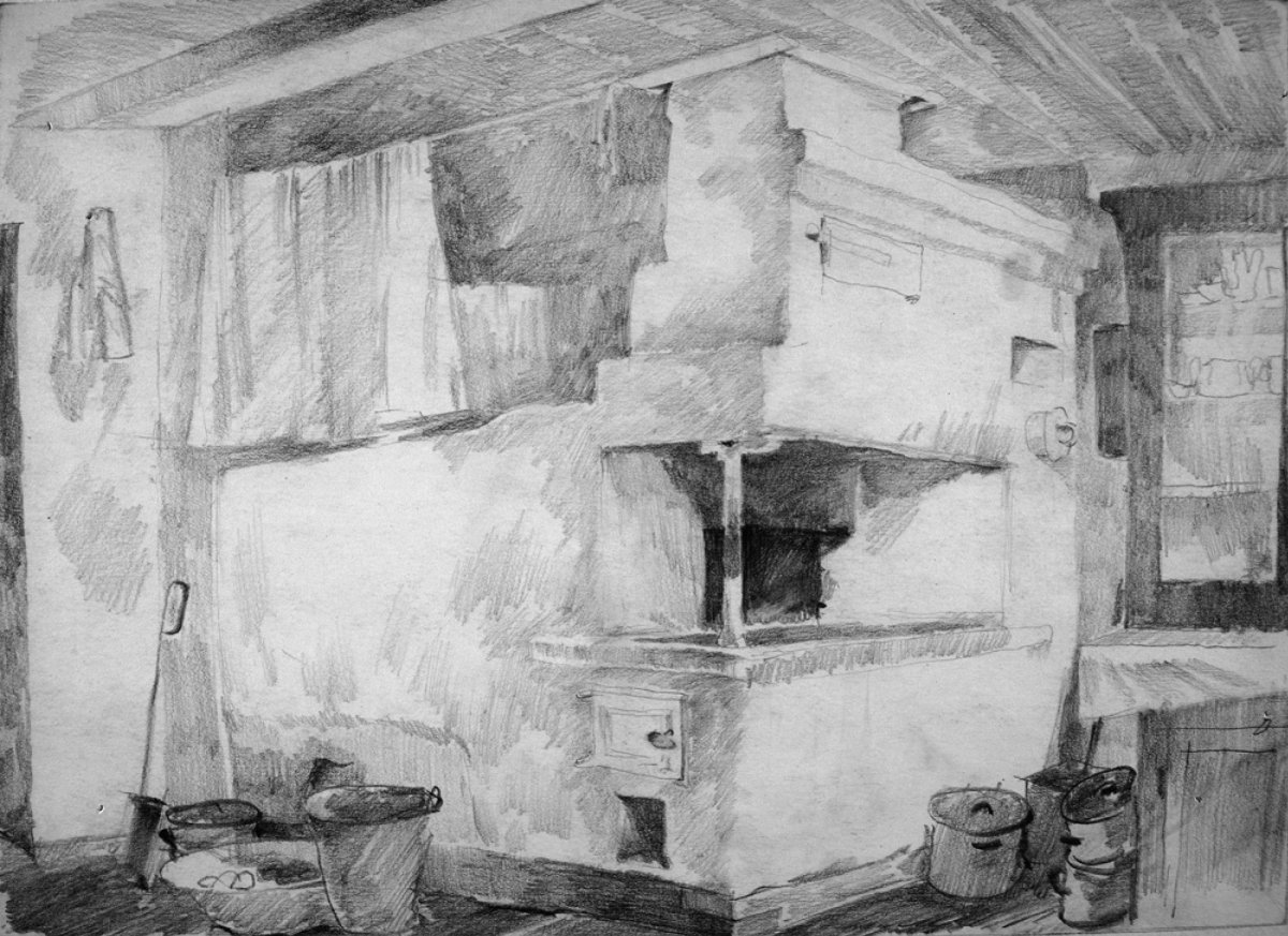Рисование интерьер избы