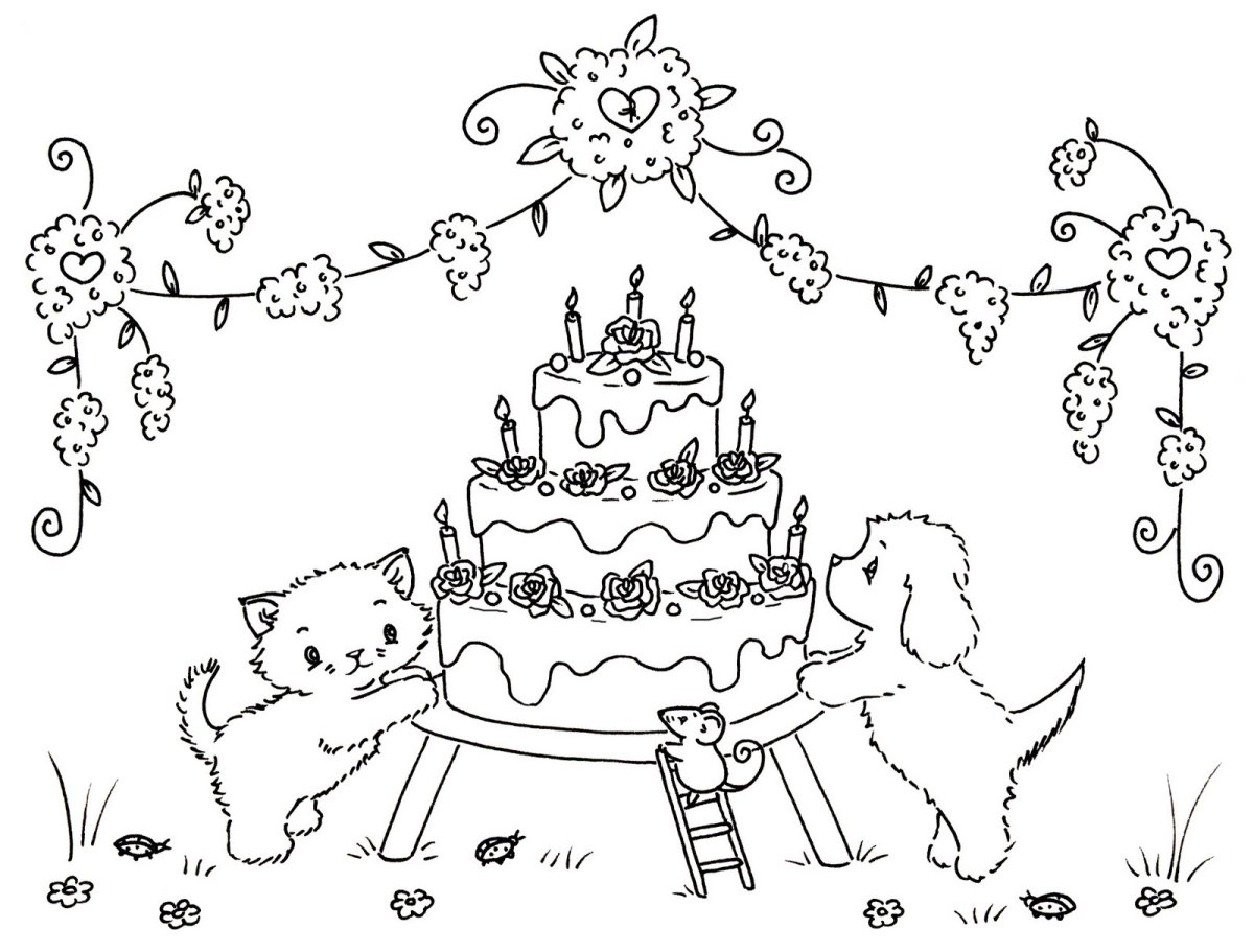 Раскраска кот с днем рождения