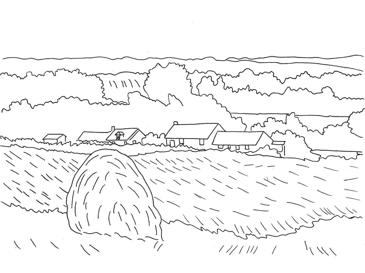 Пейзаж контуром с речкой