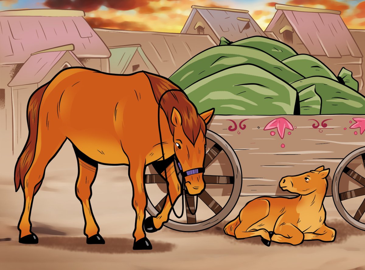 Кобыла с жеребёнком в телеге