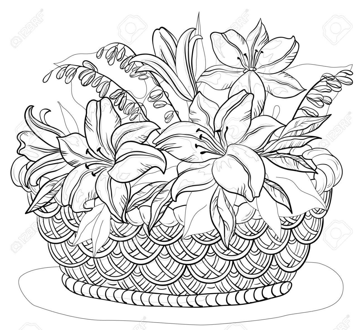 Раскраска антистресс цветы в корзине