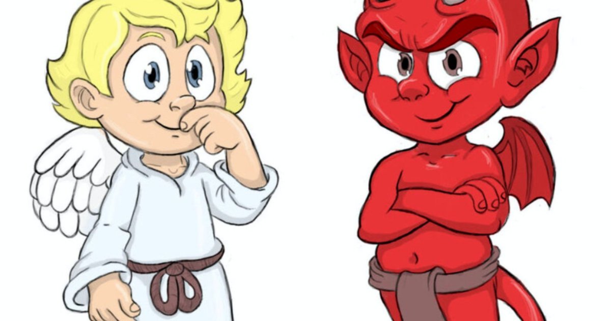 Человек с ангелом и дьяволом на плечах