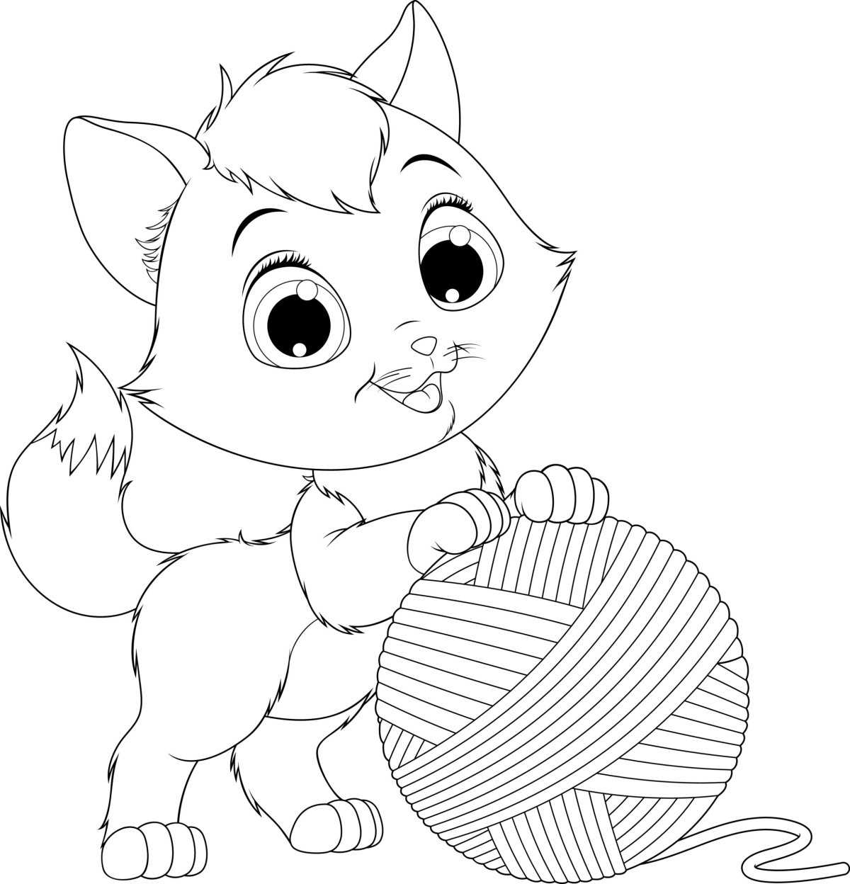 Раскраска кошка с мячиком