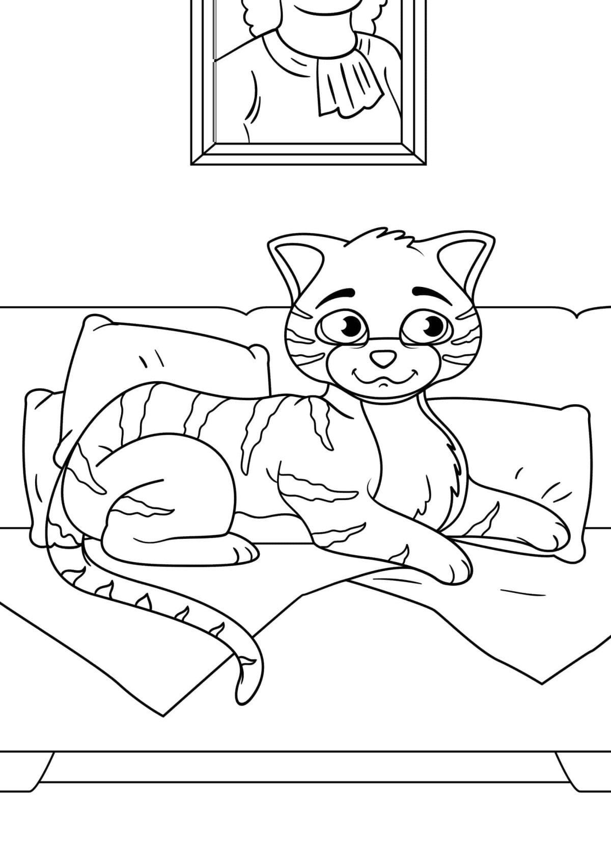 Кошка лежит раскраска