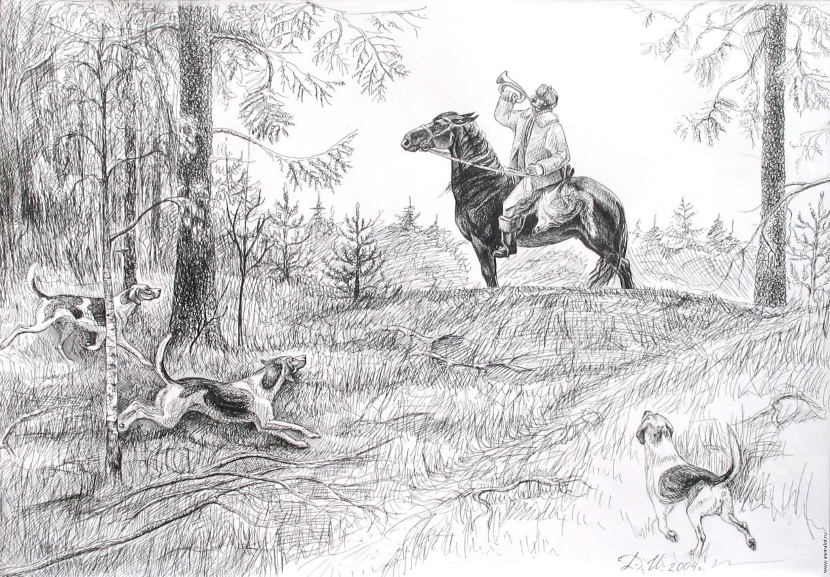 Рисунок охота с гончими