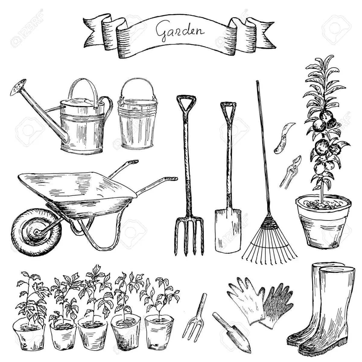 Раскраска садовый инвентарь для детей