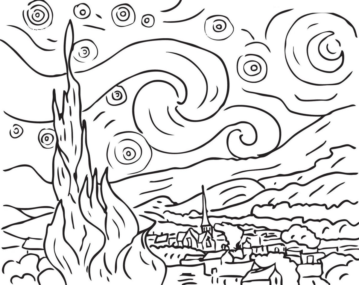 Звездная ночь Ван Гога раскраска