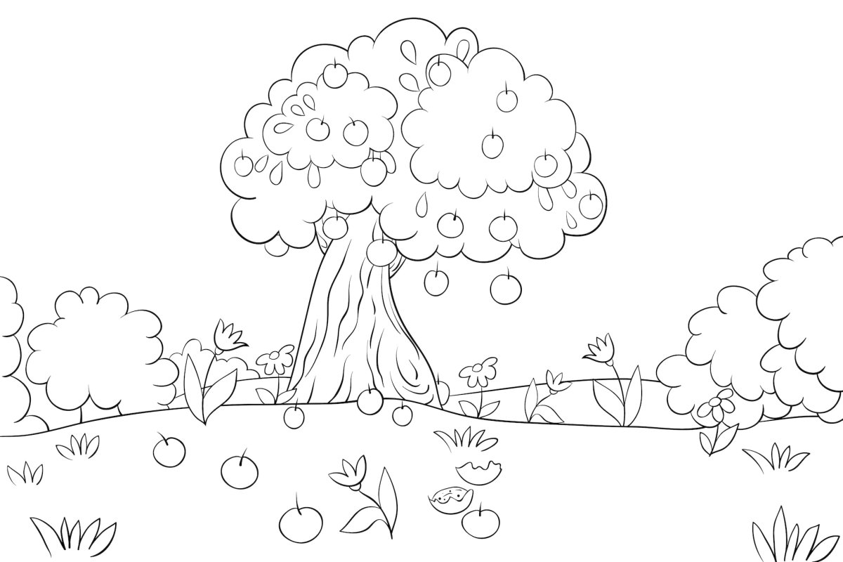 Раскраска Поляна с деревьями