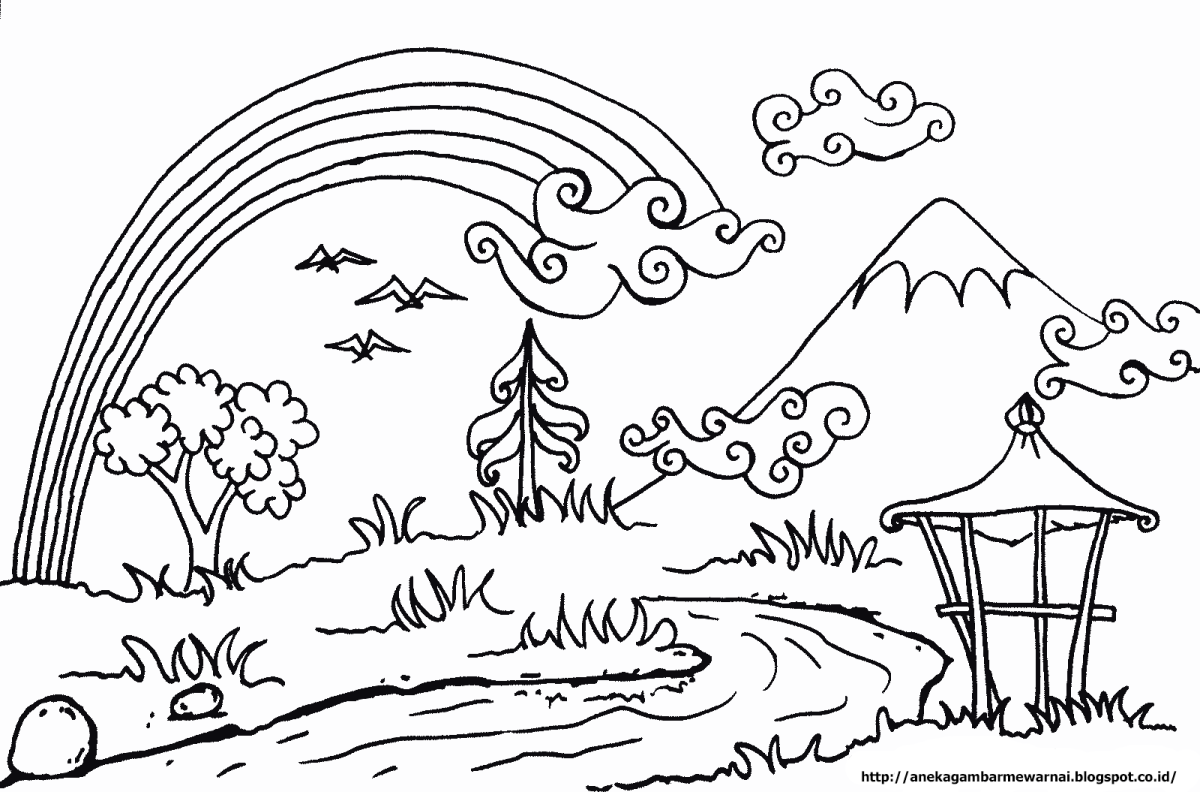 Раскраска природы с радугой и рекой
