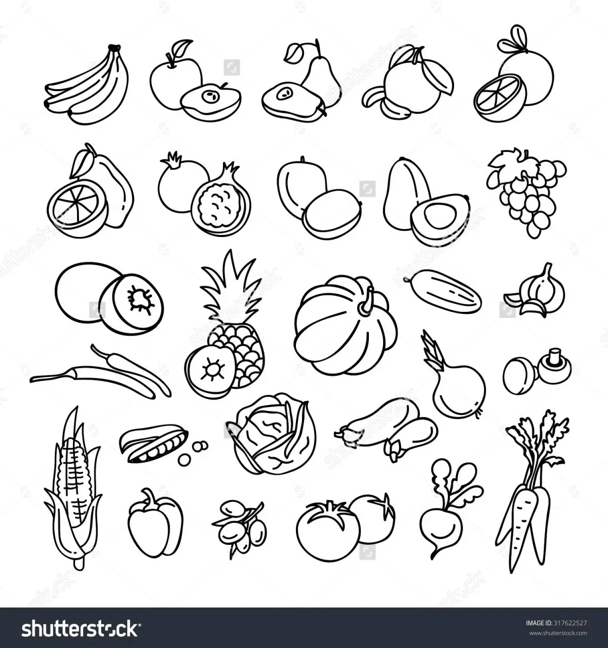 Раскраска маленьких овощей и фруктов