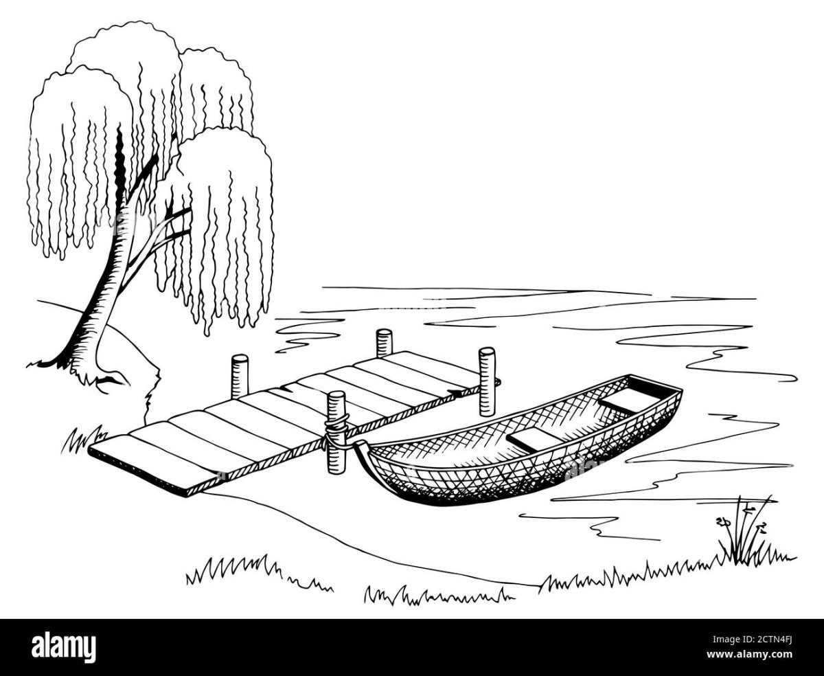 Берег реки карандашом