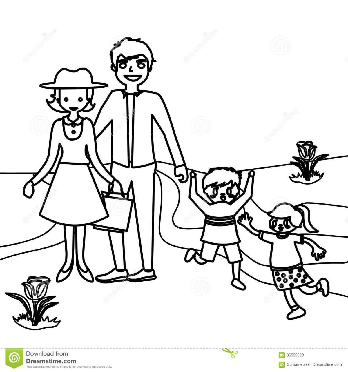 Раскраска семья с бабушкой и дедушкой для рисования